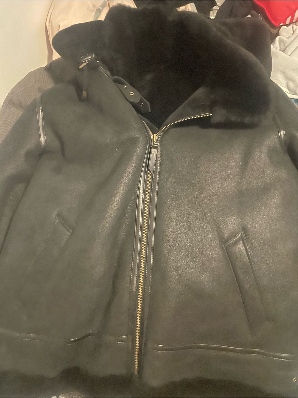 Men's Black Shearling Bomber Jacket with Fur Collar